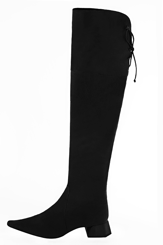 Matt black women's leather thigh-high boots. Pointed toe. Low flare heels. Made to measure. Profile view - Florence KOOIJMAN